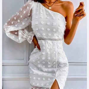 Swiss dot one shoulder split hem dress, Shein, white, size small